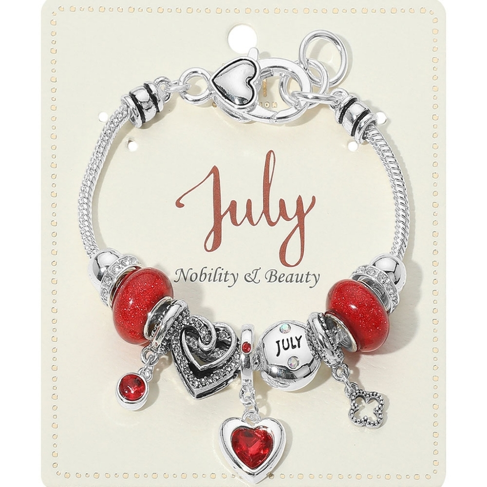 July - Birthstone Heart Charm Multi Beaded Bracelet